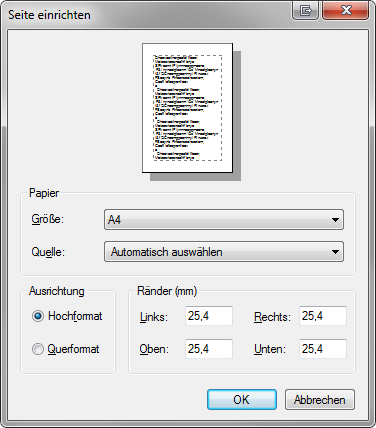 Seite einrichten Dialog Seite einrichten Dialog